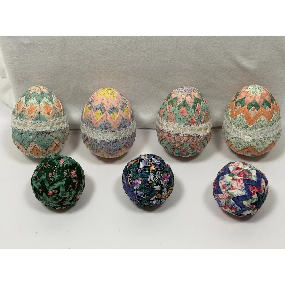 Handmade Quilted Fabric Decorative Eggs & Balls – Patchwork - Lot of 7